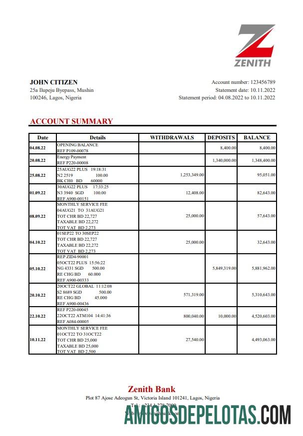 Nigeria Zenith Bank Statement Xls amostra